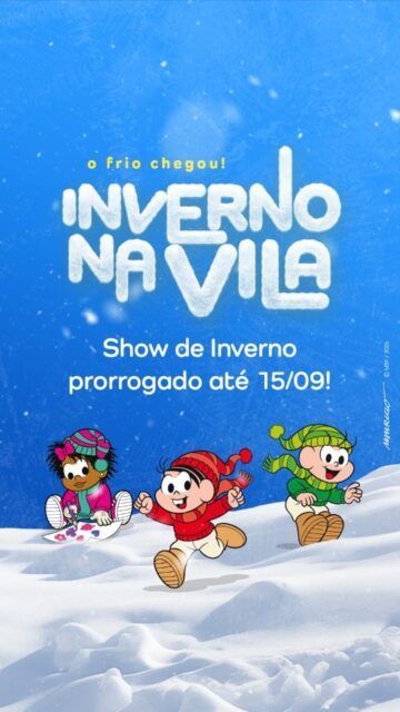 O friozinho de Gramado ganhou mais alguns dias de diversão na Vila. O show de inverno foi prorrogado até 15 de setembro. 

O espetáculo reúne música, efeitos e neve em uma apresentação que envolve crianças e adultos no clima da estação.

Uma oportunidade para curtir o inverno ao lado da Turminha. 

Contém texto alternativo: Vídeo inicia com a Turminha se apresentando no palco, com boneco de neve e efeito de neve, enquanto o público formado por adultos e crianças assiste. Na tela, aparecem os dizeres “Inverno na Vila” e “Show de Inverno prorrogado até 15/09”.